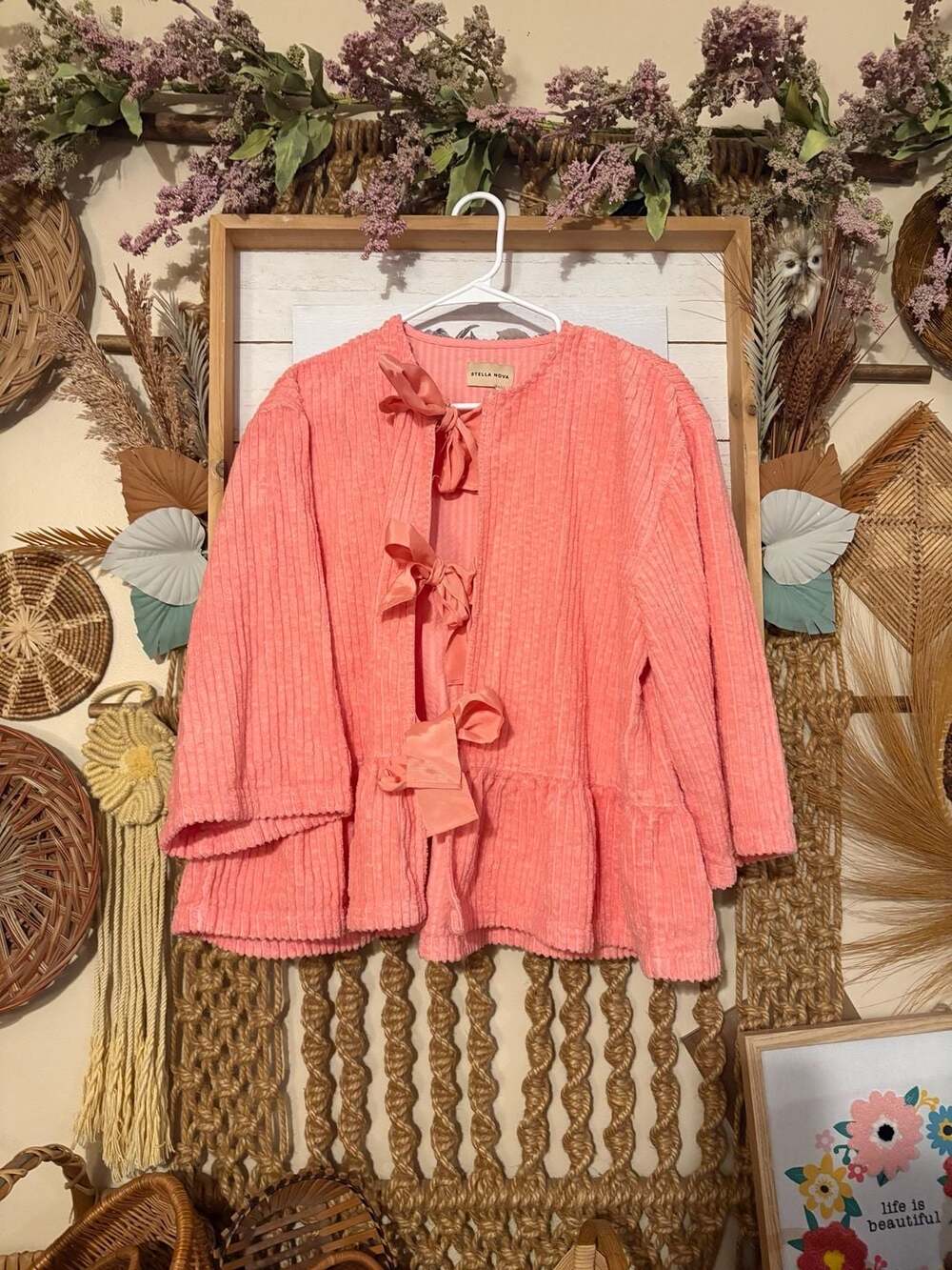 Stella Nova Coral Pink Corduroy Bow Front Peplum Blouse